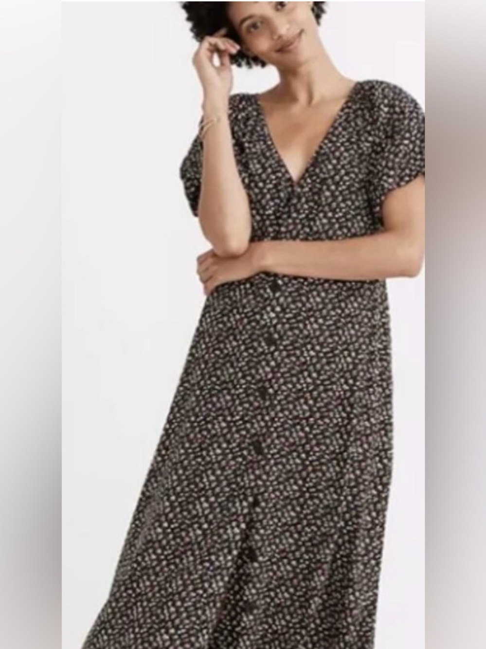 NWOT Madewell Bubble-Sleeve Button-Front Midi Dress in Adorable Ditsy XL Black